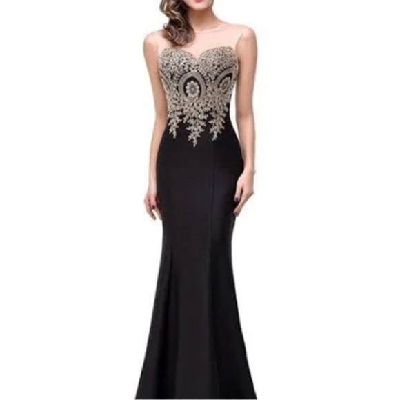 Black Gold Embellished Rhinestone Prom Engagement Gown - Picture 1 of 5